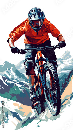 mountain biker in gear, helmet with black visor, vector style illustration, mountain bike race poster design, background of mountains. Outdoors healthy lifestyle, sports activity in the great outdoors