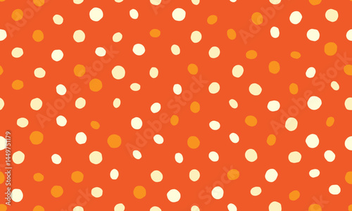 Vibrant orange background adorned with scattered creamy white and burnt orange polka dots.  Playful, handdrawn style perfect for textile design, website backgrounds, or cheerful branding.