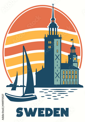 Illustration of a swedish city with a sailboat and a lighthouse