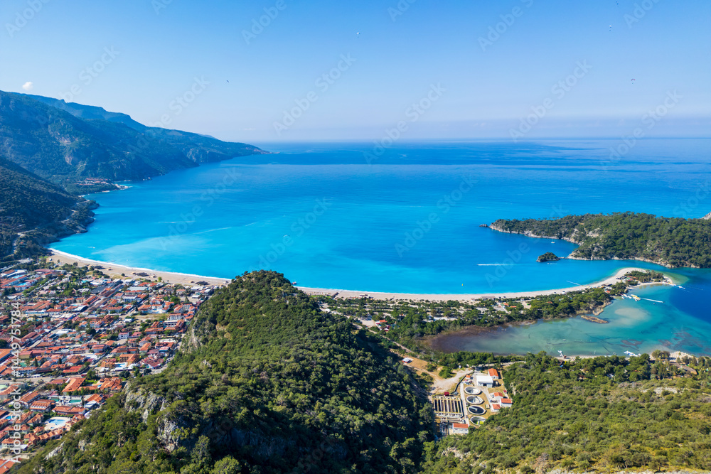 The Oludeniz Beach drone view from hill in Fethiye Town of Turkey