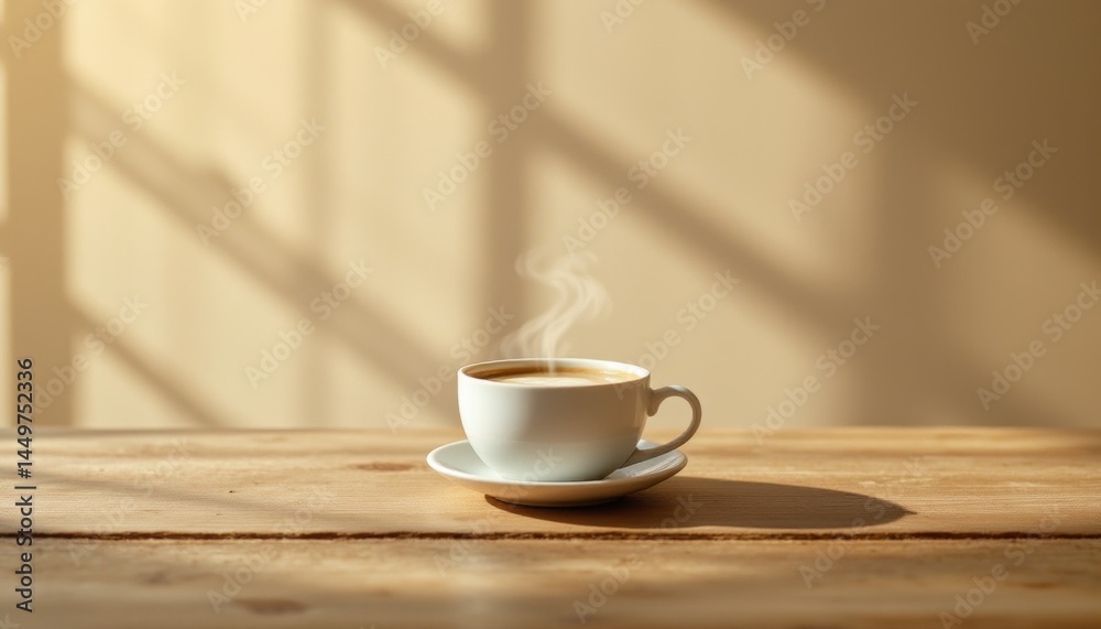 Steaming Coffee Cup on Wooden Table with Sunlight Steaming Coffee Cup on Wooden Table with Sunlight
