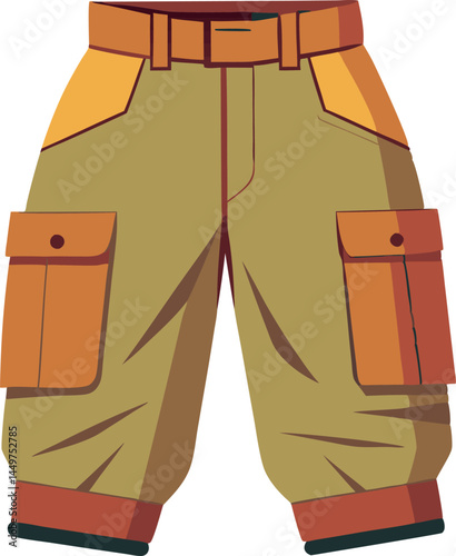 A detailed vector illustration of cargo pants featuring intricate stitching, textured fabric, and multiple pockets, ideal for fashion design projects.