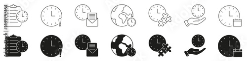 Clock And Time Management Line And Solid Icon Set. Scheduling, Deadline, And Time Tracking Silhouette Symbol Collection. Task Organization And Global Time Awareness. Isolated Vector Illustration