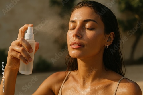 Refreshing skincare mist application outdoors.