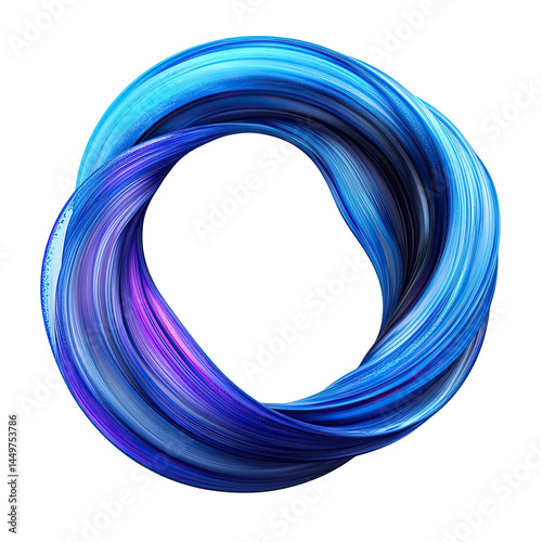 Abstract swirling blue and purple circle design.  A vibrant, fluid, three-dimensional ring of color, twisting and flowing