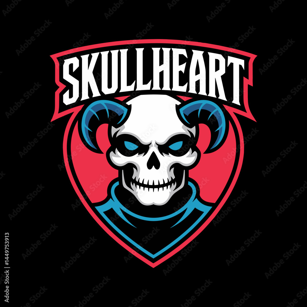 Intense Skull with Horns and Glowing Eyes in Heart-Shaped Shield Esport Logo