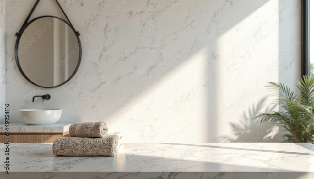 Modern white bathroom interior with marble table, round mirror. Gentle sunlight and shadows. Design concept for beauty product, cosmetics, toiletry display.