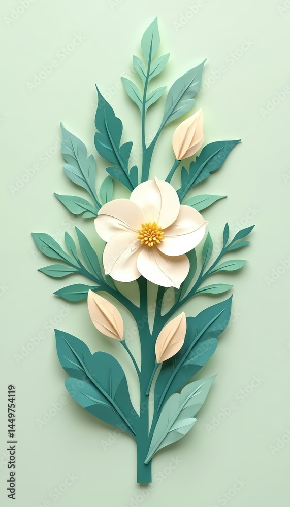 Elegant paper-cut floral arrangement. Delicate flower, leaves in teal, green, cream. Perfect for greeting cards, invitations, textile design. Aesthetic artwork spring, nature, beauty, simplicity,