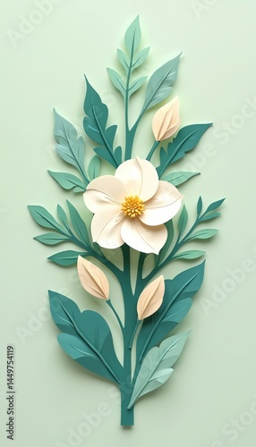 Obraz na płótnie Elegant paper-cut floral arrangement. Delicate flower, leaves in teal, green, cream. Perfect for greeting cards, invitations, textile design. Aesthetic artwork spring, nature, beauty, simplicity, w salonie