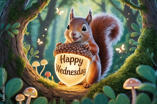 Whimsical woodland scene with a squirrel holding an acorn wishes happy wednesday