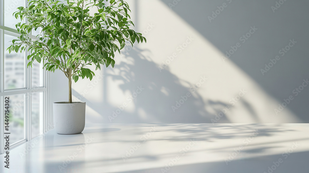Obraz premium Potted plant by sunlit window casting shadows in modern room