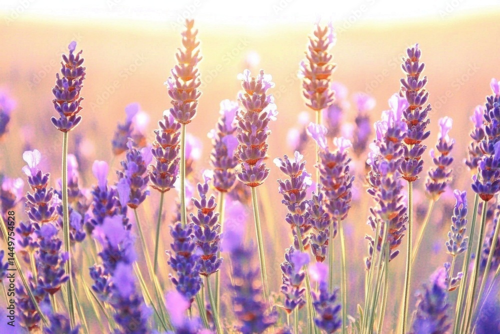 Fototapeta premium Close-up of vibrant lavender flowers in full bloom, illuminated by the sun, creating a peaceful and serene scene