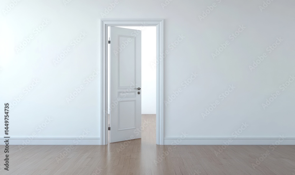 Open white door in a light-filled room. Empty interior space with hardwood floor Open white door in a light-filled room. Empty interior space with hardwood floor
