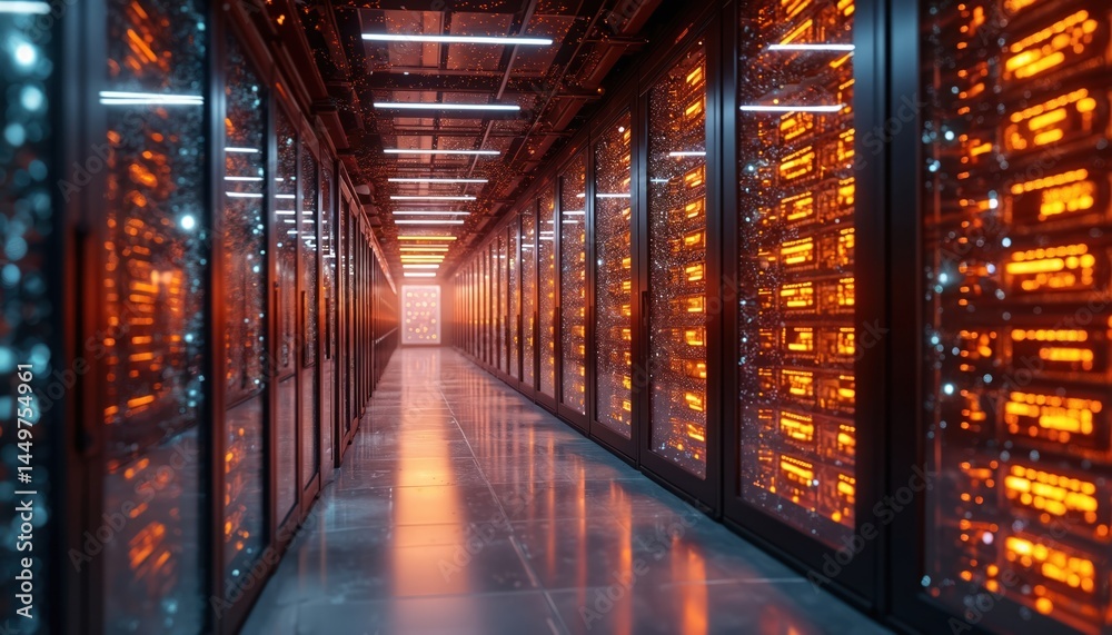 Data center interior, server racks, advanced supercomputer simulating universe. Illustration of modern tech, digital transformation, data processing, information storage, computation architecture,