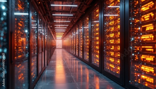 Obraz na płótnie Data center interior, server racks, advanced supercomputer simulating universe. Illustration of modern tech, digital transformation, data processing, information storage, computation architecture, w salonie