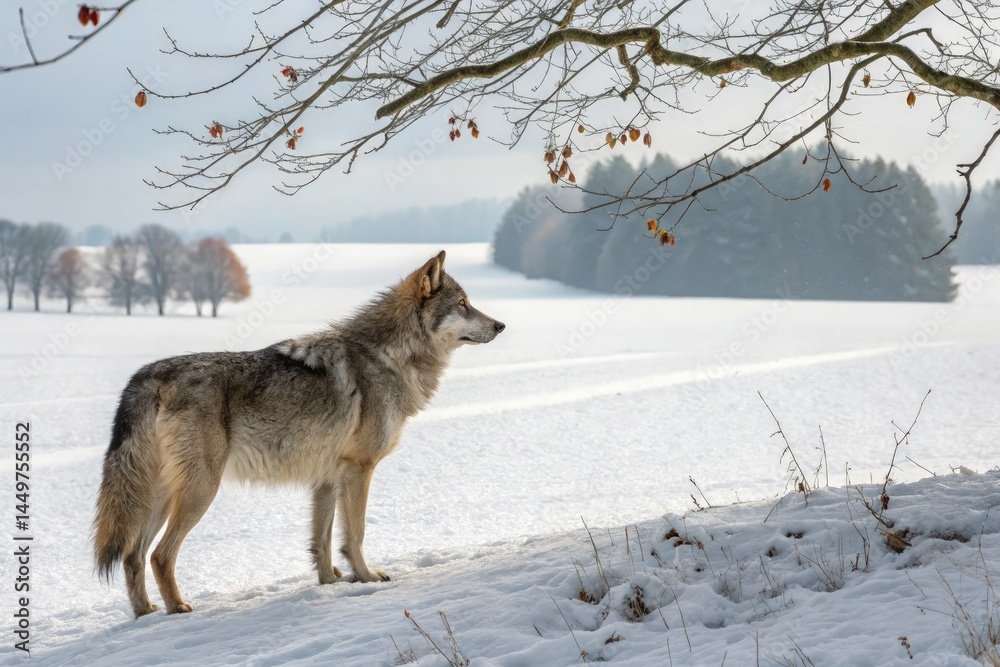 Naklejka premium Wolf Observing the Snowy Field in Winter Landscape Generative AI