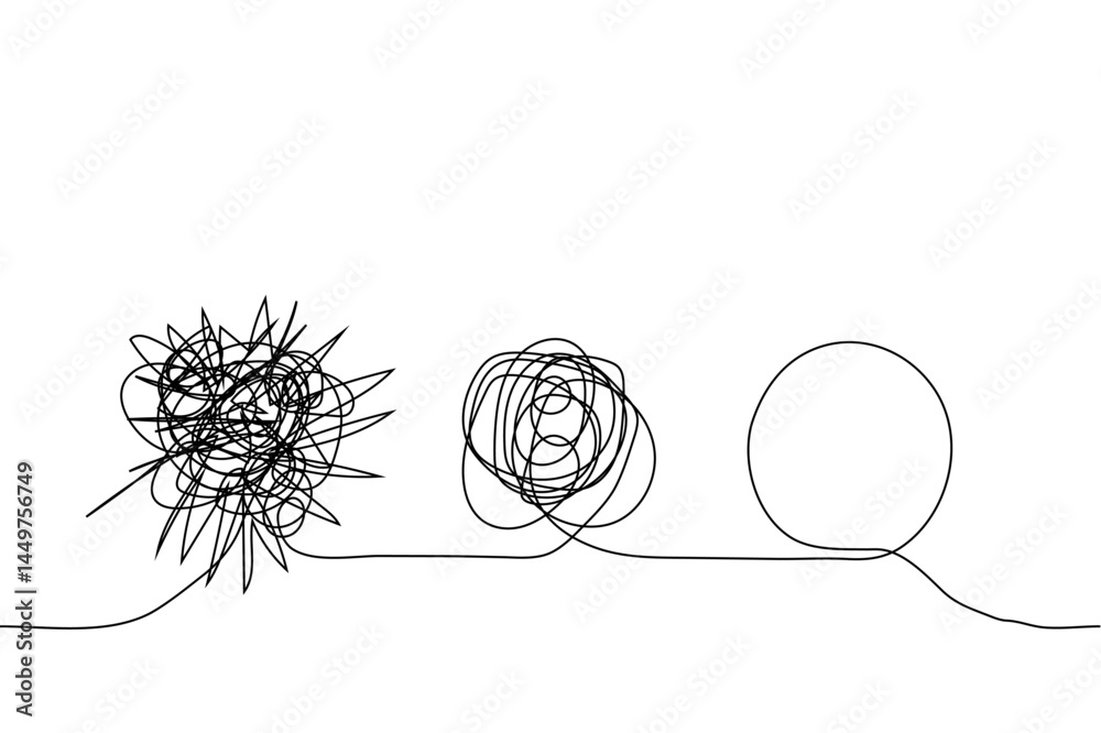 Obraz premium three states of problems: mess - very confused, less confused and chaotic, untangled and clear - one line art vector.