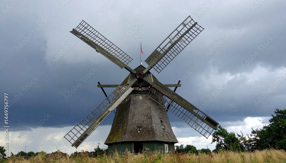 Old windmill with broken sails, creaking wood, storm approaching. Old windmill with broken sails, creaking wood, storm approaching.