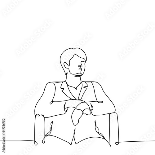 man in suit sitting on chair with folded hands - one line art vector. businessman waiting