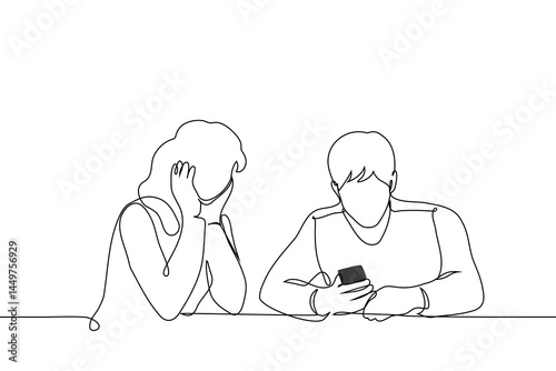 woman and man sitting looking at phone screen in his hands - one line art vector. waiting for answer, call on speakerphone
