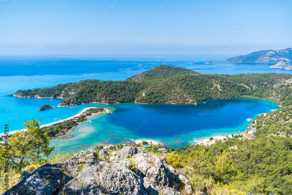 The Oludeniz Beach view from hill in Fethiye Town of Turkey
