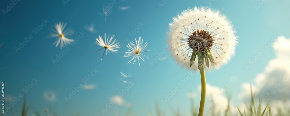 Beautiful dandelion illustration, flying seeds on sky background. Botany, nature, summer, spring, freedom, airiness. Soft colors, floral design, gentle breeze. Freshness, growth, blowing seeds.
