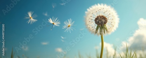 Obraz na płótnie Beautiful dandelion illustration, flying seeds on sky background. Botany, nature, summer, spring, freedom, airiness. Soft colors, floral design, gentle breeze. Freshness, growth, blowing seeds. w salonie