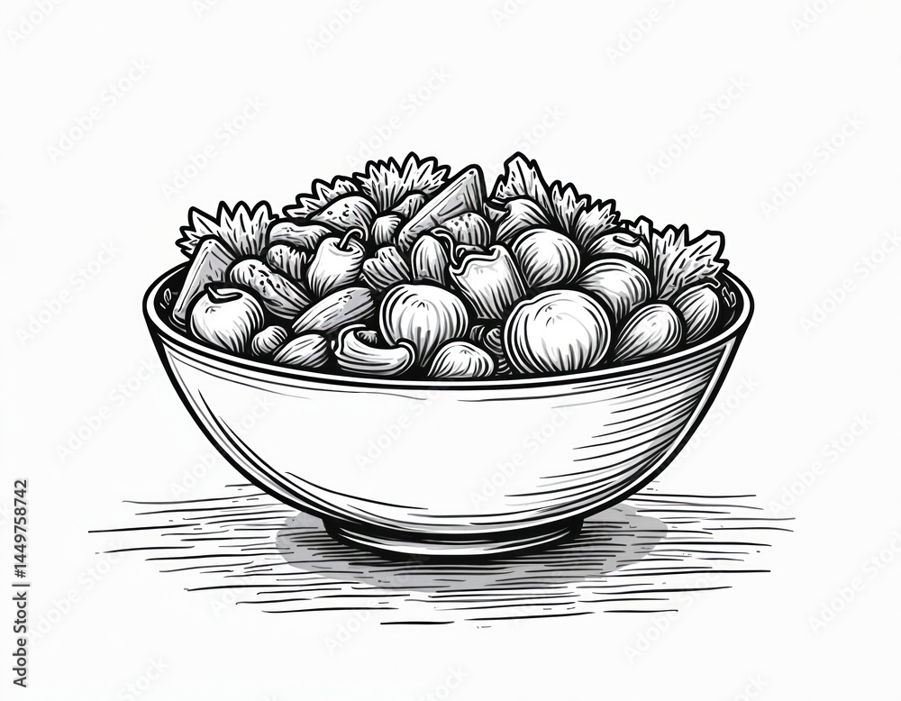 Black and white line art illustration of fresh salad bowl. Healthy food ingredients in dish isolated on white background. Simple artistic drawing for restaurant menu, food blog or recipe.