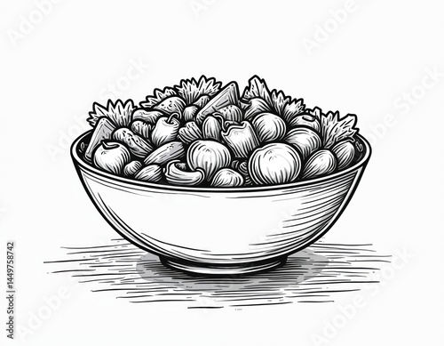 Obraz na płótnie Black and white line art illustration of fresh salad bowl. Healthy food ingredients in dish isolated on white background. Simple artistic drawing for restaurant menu, food blog or recipe. w salonie