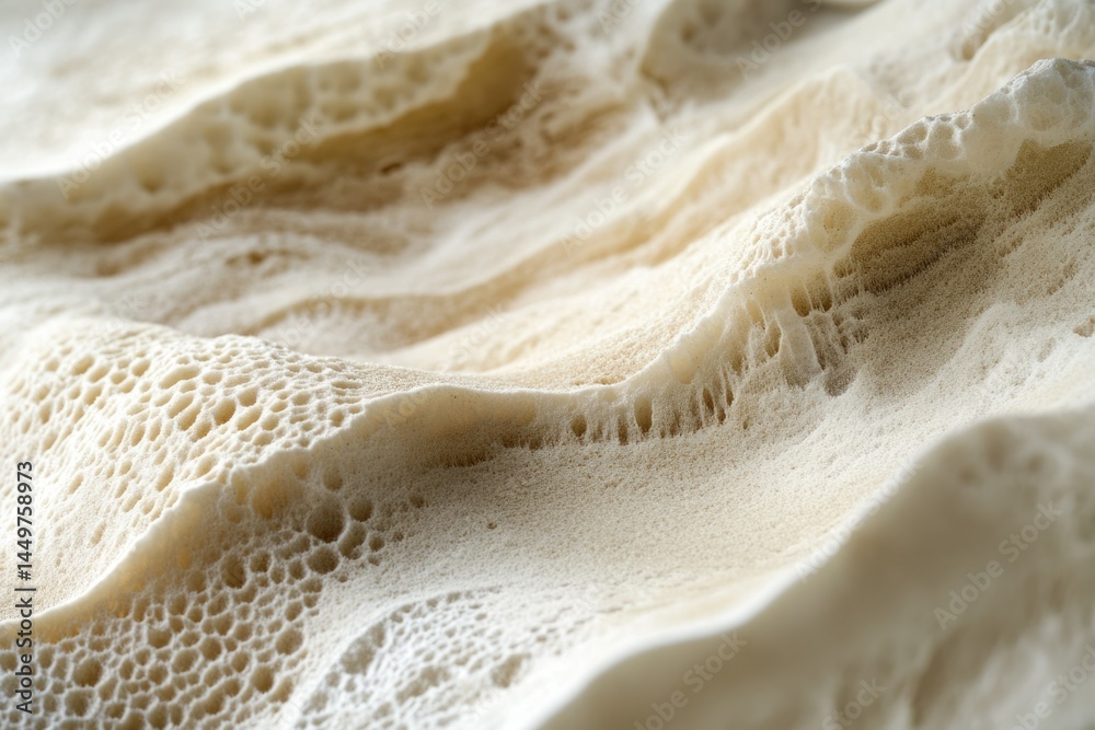 Close-up view of a porous, undulating surface resembling bone or coral, exhibiting a textured, creamy white hue.