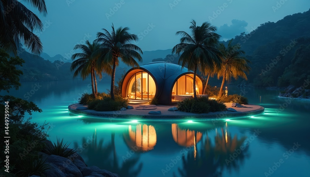 Modern spring chalet on small island at night. Illuminated vacation home surrounded palm trees. Tropical luxury villa with ocean view. Contemporary architecture summer paradise get-away.