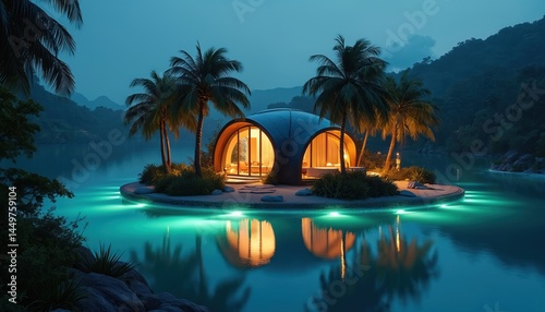 Obraz na płótnie Modern spring chalet on small island at night. Illuminated vacation home surrounded palm trees. Tropical luxury villa with ocean view. Contemporary architecture summer paradise get-away. w salonie