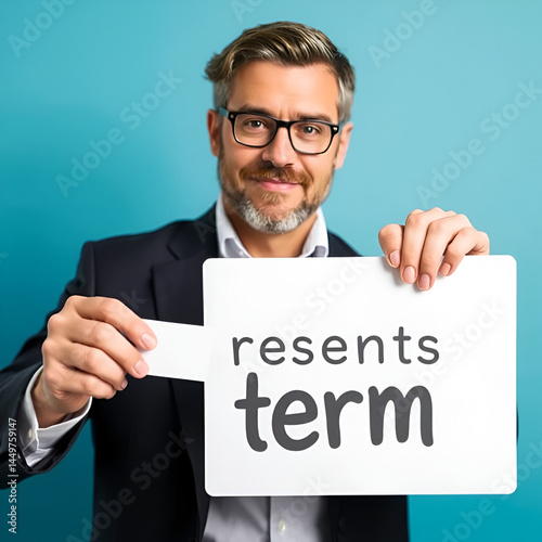 Cognizable. Lawyer (man) holding a card in his hand. Text on the sign presents term. Blue background.