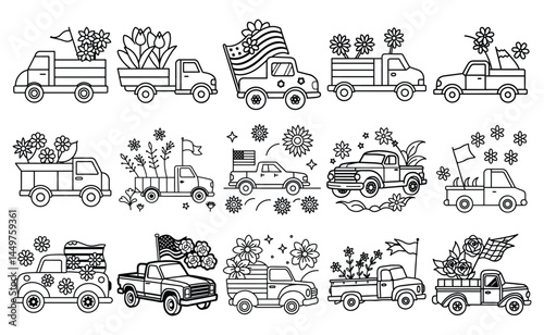 Hand drawn flower and patriotic trucks with flags, blooms and stars in black and white doodle style for spring and holiday designs