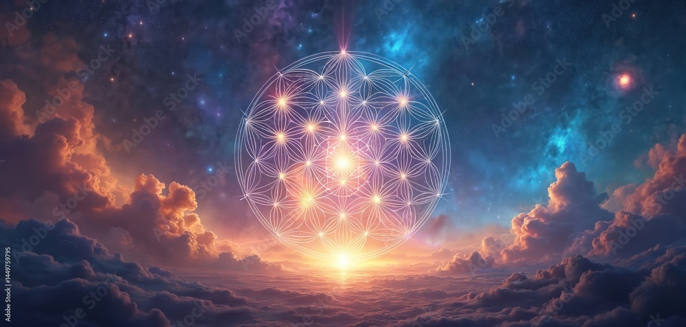 Illustration of sacred geometry pattern in space. Celestial sphere over sunrise above clouds. Yoga apparel design, meditation, mindfulness, balance, harmony, cosmic energy artwork.