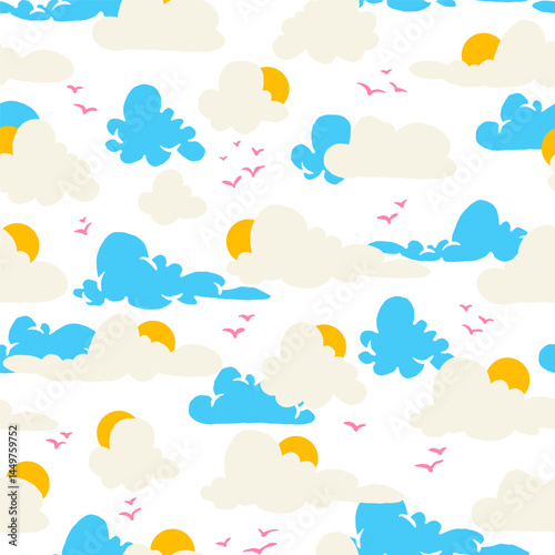 Sun and Clouds Seamless Pattern with Flying Birds in Blue Sky. Whimsical kids theme. Cartoon style sky elements. Cute pastel cloud background.