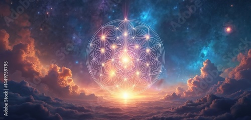 Obraz na płótnie Illustration of sacred geometry pattern in space. Celestial sphere over sunrise above clouds. Yoga apparel design, meditation, mindfulness, balance, harmony, cosmic energy artwork. w salonie
