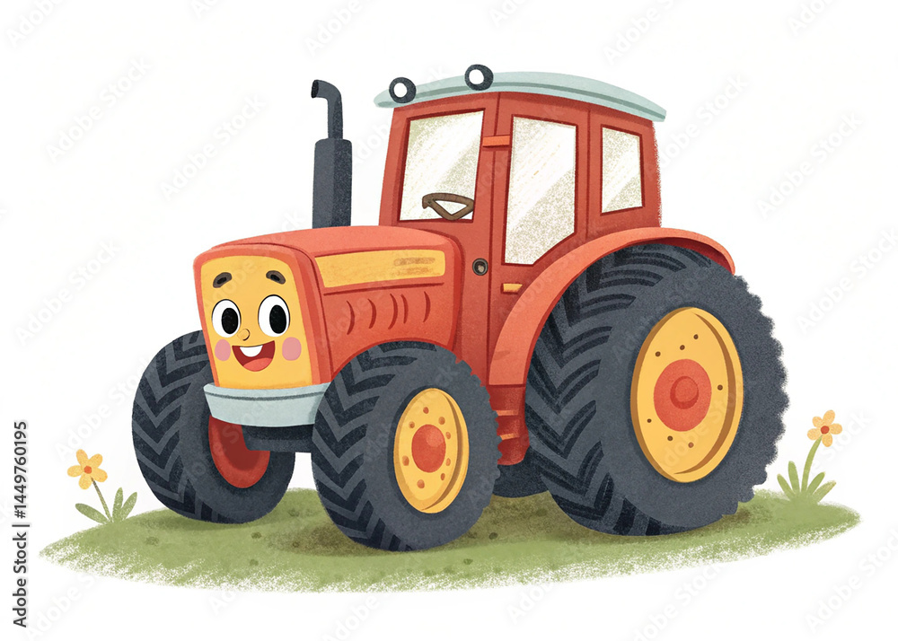 Obraz premium Cute cartoon tractor isolated on white background. A cute cartoon tractor with large wheels and a smiling face, isolated on white, perfect for childrenâ€™s
