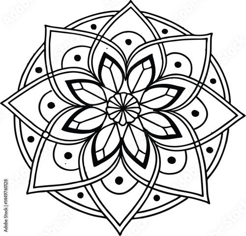 Abstract black and white floral ornament design features a vintage swirl pattern with decorative leaf elements