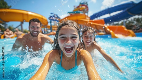 Fototapeta Naklejka Na Ścianę i Meble -  Fun in the Sun: Smiling Family Enjoying Water Park Rides on a Sunny Day