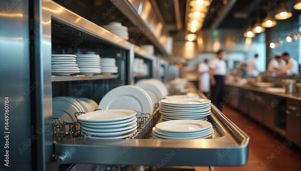 Restaurant kitchen during dinner service with industrial dishwasher and clean dishes. Plates stack, kitchen staff work in background. Modern eatery, food tech, hospitality.
