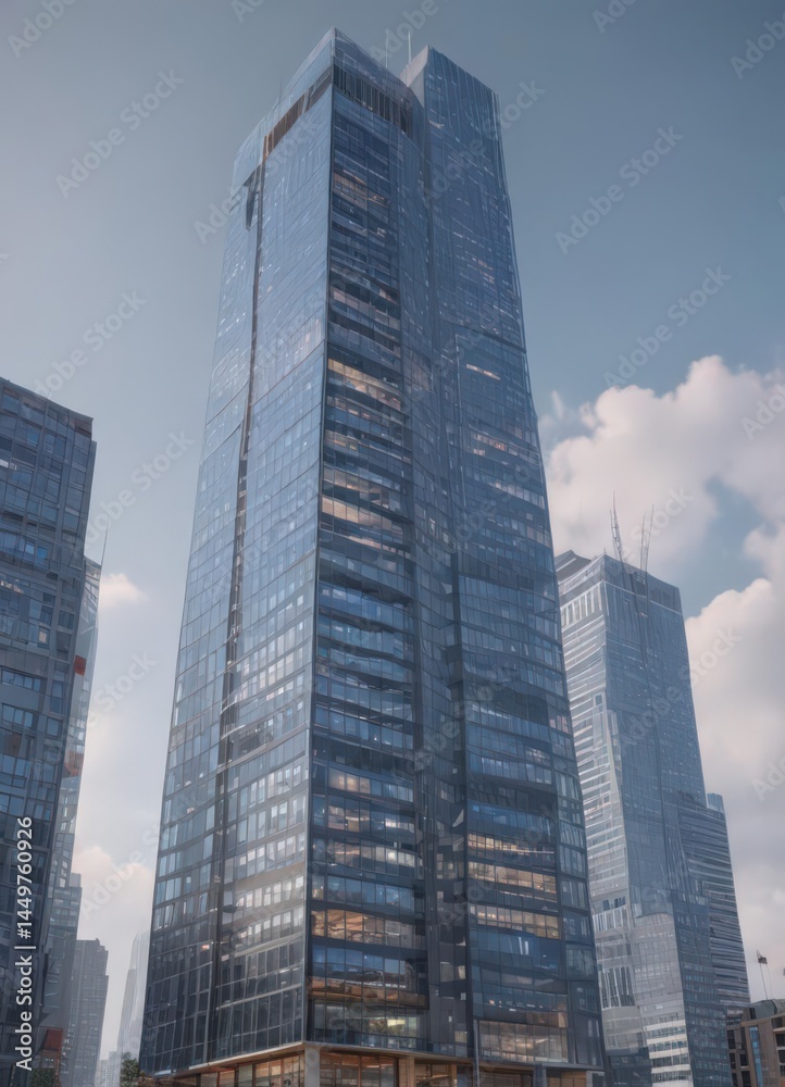 Sleek glass skyscraper rising, city skyline backdrop, drone, sunrise Sleek glass skyscraper rising, city skyline backdrop, drone, sunrise
