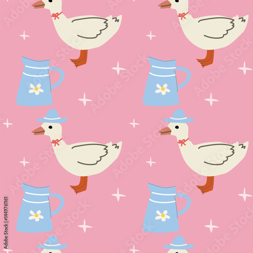 Charming cottage decor featuring ducks and vintage jugs on pastel pink background.