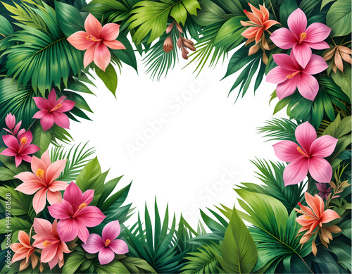 Vibrant Floral Frame PNG, Transparent Background Bloom Border Arrangement, Botanical Summer Overlay, Colorful Spring Flower Illustration with Hibiscus for Summer Invitation Designs