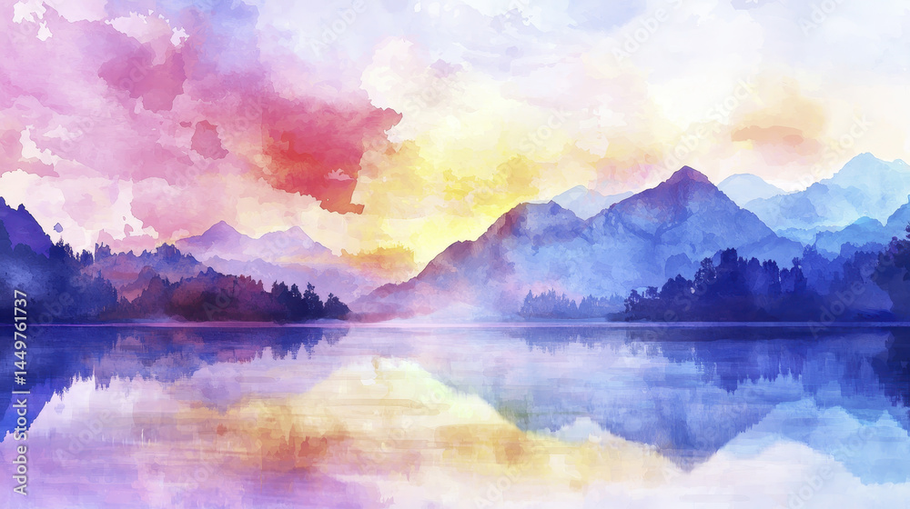 Fototapeta premium serene watercolor landscape featuring vibrant hues of pink, purple, and blue, reflecting on calm lake surrounded by mountains