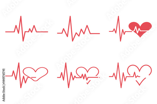 Heartbeat Line Icons Set with Heart Shapes and Pulse Symbols