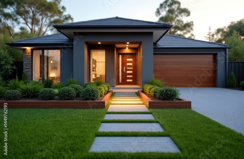 Obraz na płótnie Modern Australian home with artificial grass. Pathway leads to wooden door. Beautiful exterior design with timber edging in garden. Contemporary residence with landscape, residential architecture, w salonie