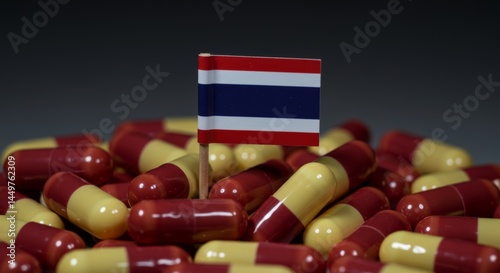 Thailand health industry represented by flag and pharmaceutical capsules