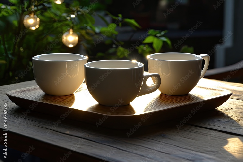 Three white coffee cups on a wooden tray, bathed in sunlight, with out-of-focus greenery and lights in the background Three white coffee cups on a wooden tray, bathed in sunlight, with out-of-focus greenery and lights in the background