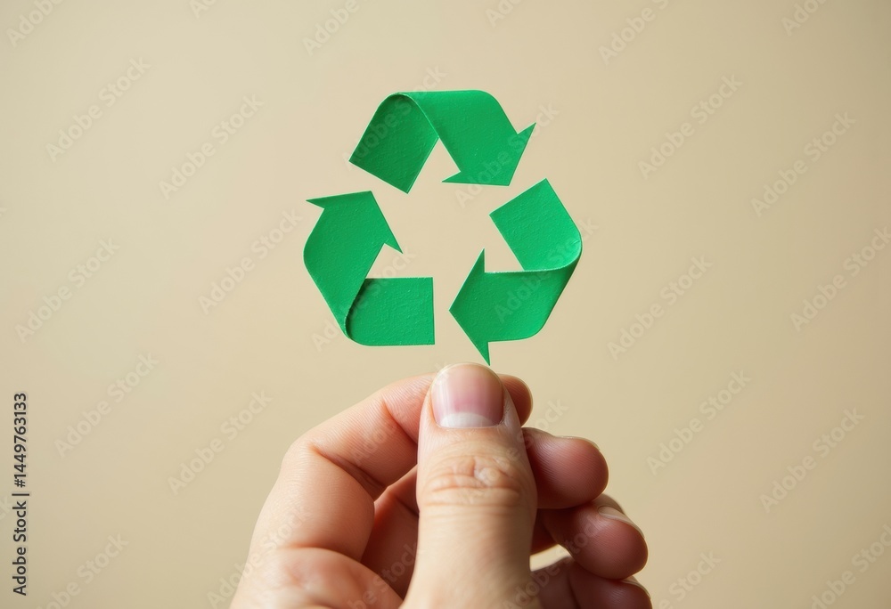 Hand holding a green paper recycling symbol against a beige background